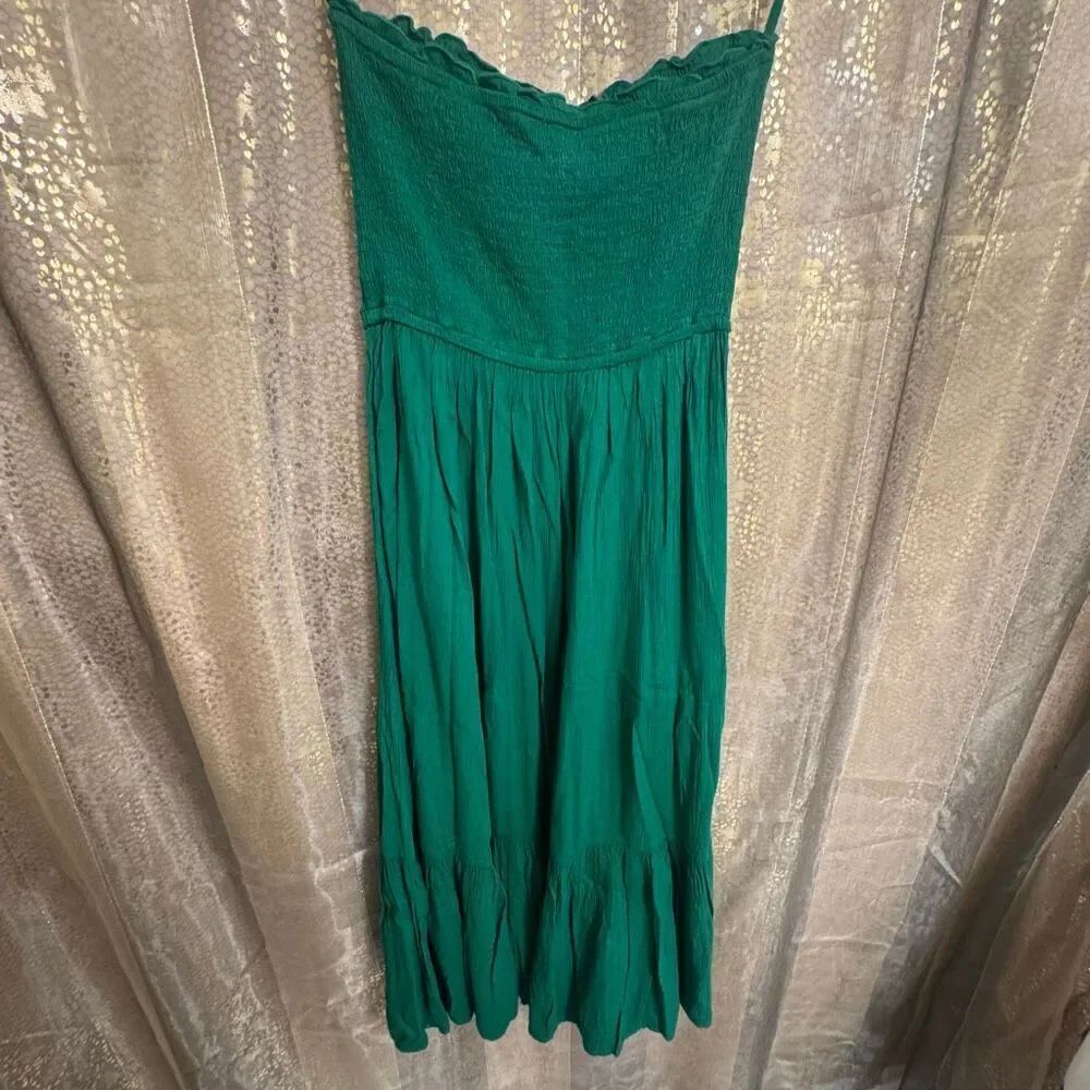 Aerie Kelly Green Smocked Strapless Midi Beachy Summer Dress XS NWT - Picture 2 of 9